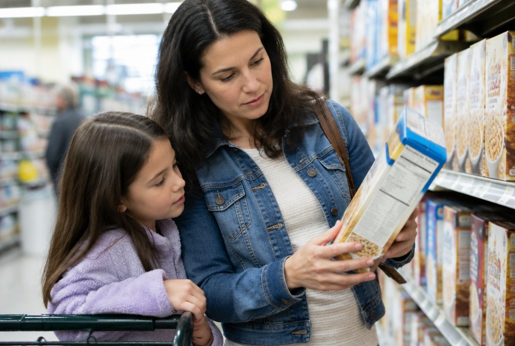 parent reading a nutrition label on a cereal box with a child in a supermarket