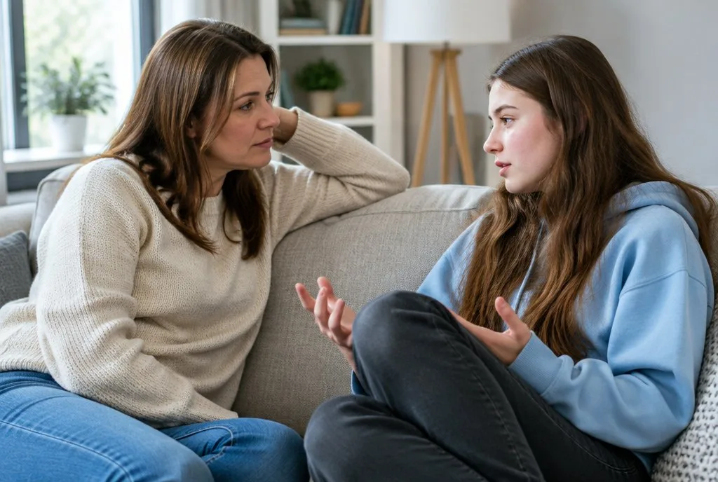 mother and teenage daughter talking on a sofa