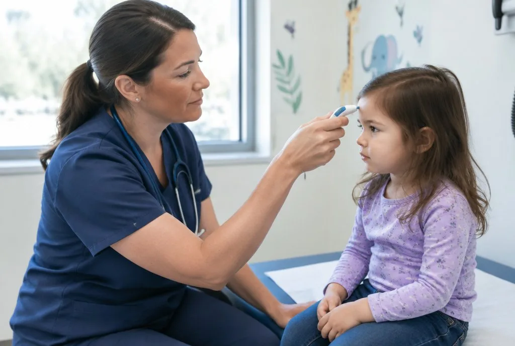 Childrens Daily Healthcare nurse checking a small child's temperature in a pediatric office
