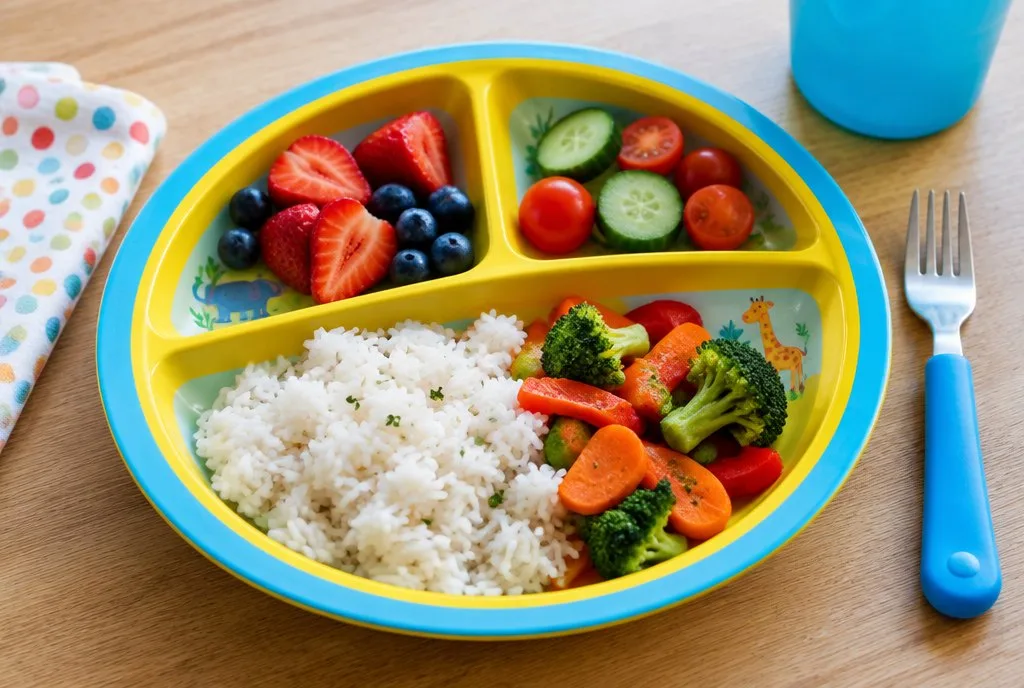 colourful children's lunch plate with vegetables, rice and fruit