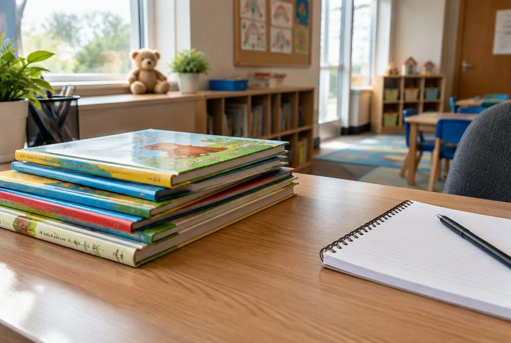 More Child Care Resources stacked children's books and a notepad in a daycare office