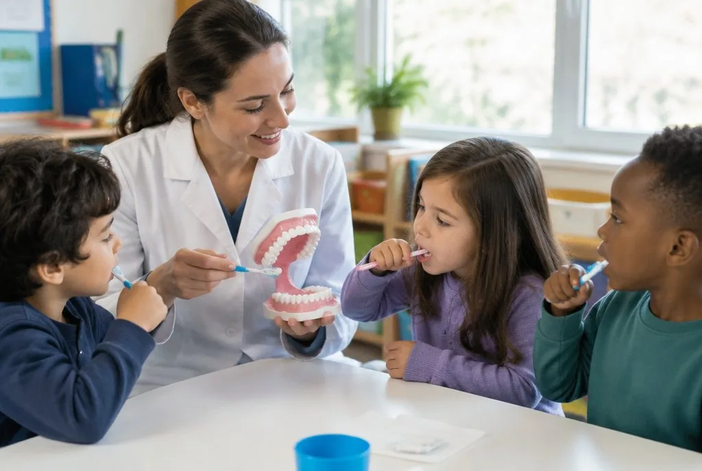 National Childrens Dental Health Month children practising toothbrushing with a dental hygienist in a classroom