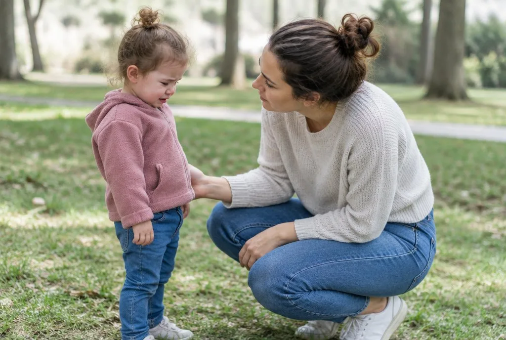 parent calmly kneeling to talk to an upset toddler in a park